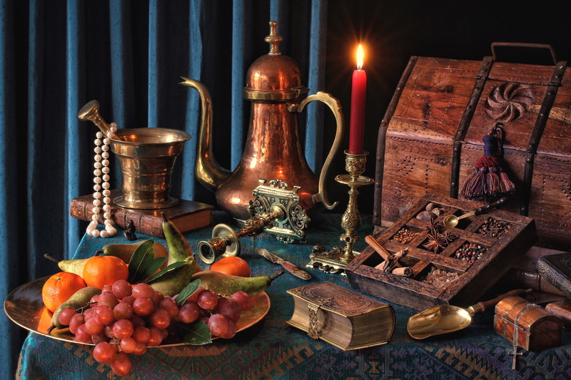copper, fruit, chest, pear, tangerines, spices, candle, still life, mortar, coffee pot, necklace, book, grapes, 2K