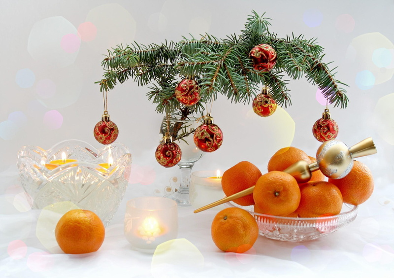 christmas, branch, food, new year, 1080P, year, table, tangerines, new, candles