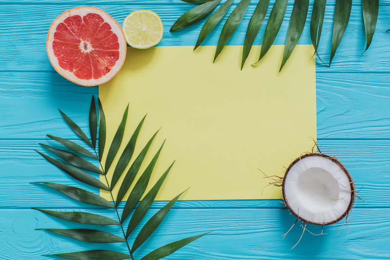 grapefruit, 5K, palm leaves, background, coconut