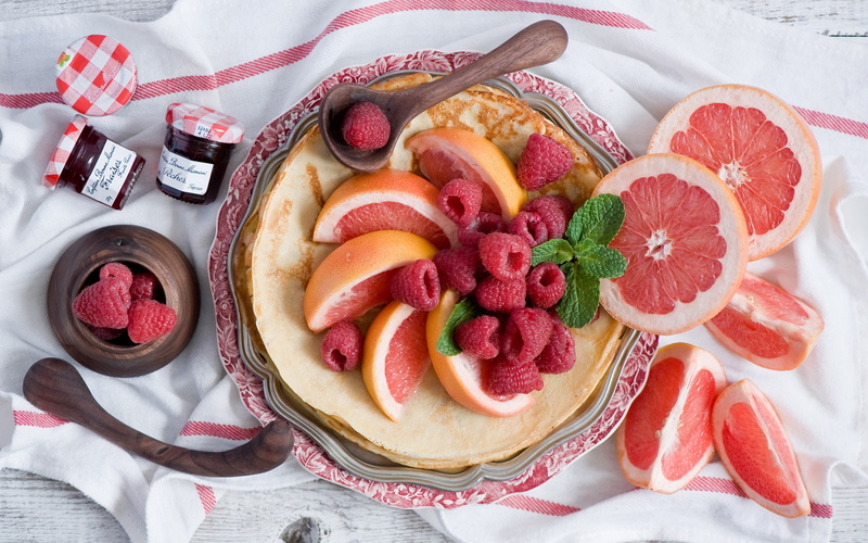 Pancakes, Fruit, Berries, 1080P, Raspberry, Grapefruit