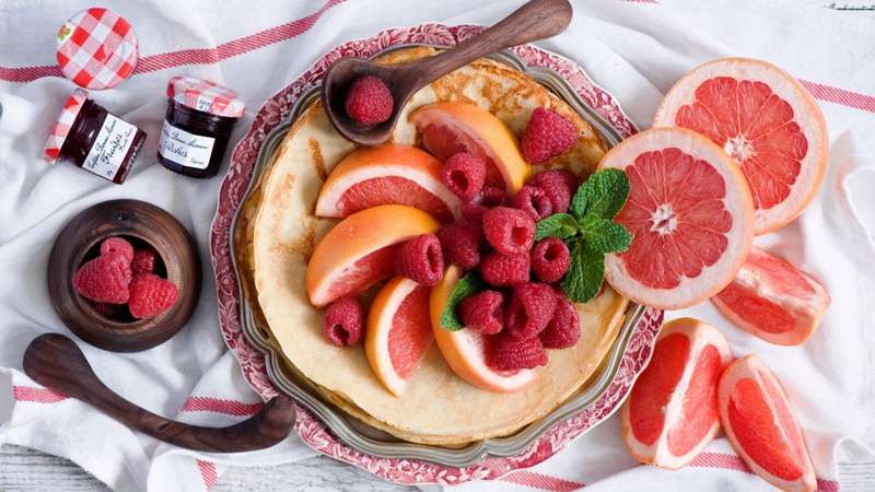 table, fruit, backgrounds, food and drink, healthy eating, white, no People, preserves, 1080P, food, baked, napkin, pancakes, high angle view, sweet Food