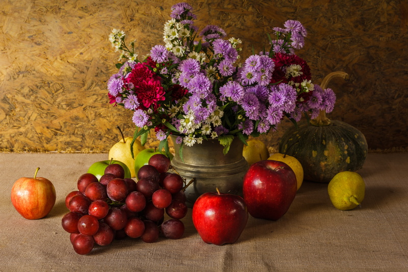 vegetables, apples, bouquet, flowers, still life, pear, grapes, vegetable, 5K, pumpkin, fruit