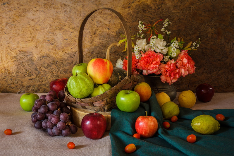 fruit, apples, grapes, vegetable, pear, pumpkin, bouquet, vegetables, flowers, still life, 5K