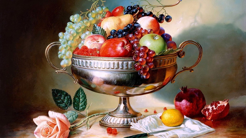 lemon, apple, footed, pear, kinds, 1920x1080, still, 1080P, painting, grape, bowl, rose, life, digital art, fruit