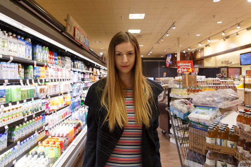 supermarket, 1080P, dress, young adult, black coat, illuminated, front view, shopping, groceries, store, Stella Cox, Ombre Hair, real people, standing