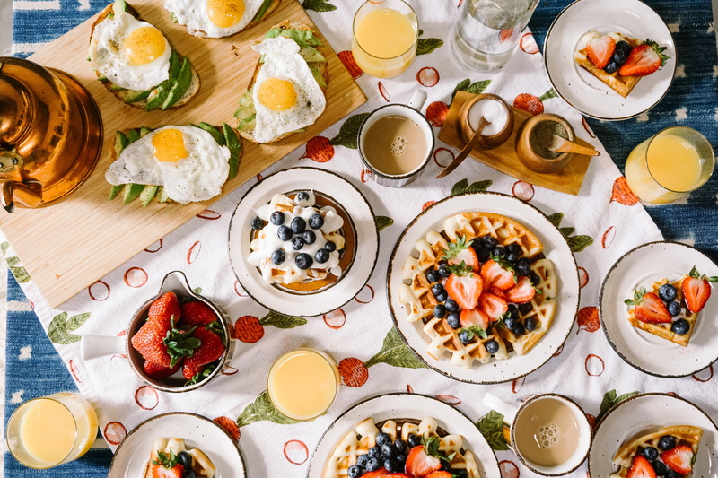 directly above, variation, glass, breakfast, fruit, juice, waffle, ready-to-eat, food and drink, ceramic, seafood, setting, table, avocado, table linen
