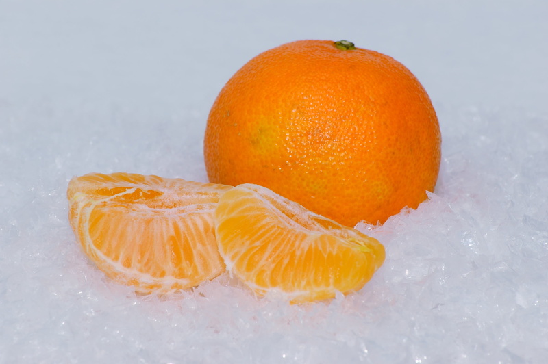 sweet, tangerine slices, citrus, ice, snow, studio shot, group of objects, 2K, healthy, tasty, vitamins, bio, close-up, be healthy, tropical, ripe, seedless