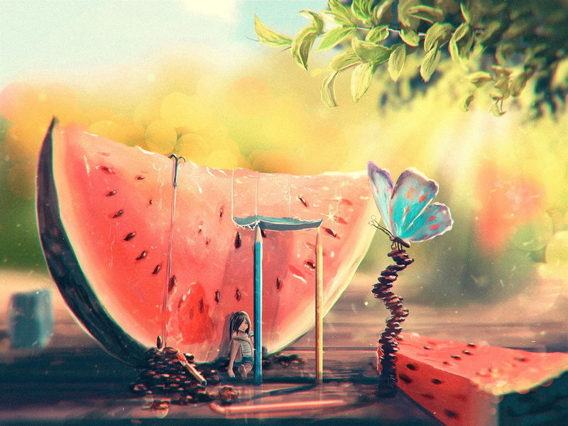 Painting, Girl, Watermelon, 1080P, Summer, Butterfly, Art