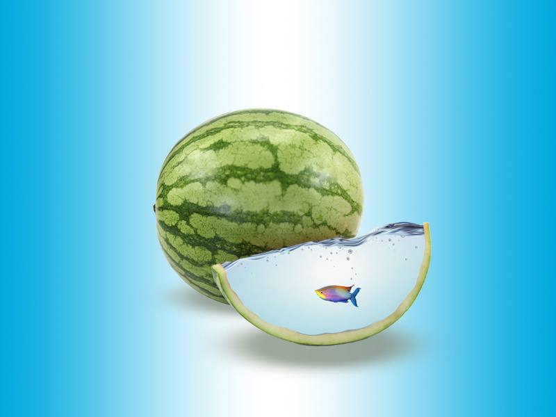 indoors, digital art, food, single object, blue background, fruit, healthy eating, still life, close-up, blue, watermelon, colored background, copy space