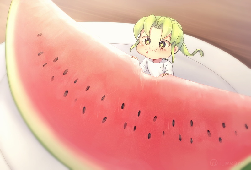 midorikawa ryuuji, wellbeing, vertebrate, eating watermelon, no people, day, red, human representation, chibi, Anime, inazuma eleven, smiling, art and craft