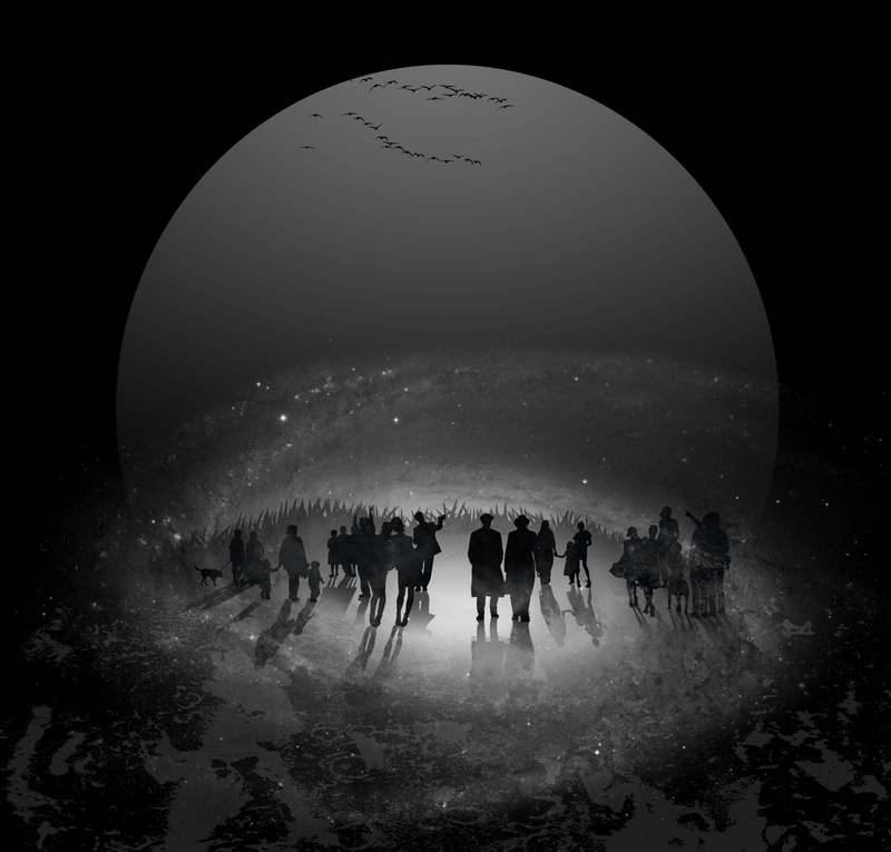 earth, heavenly, crowd, adult, outdoors, world, architecture, lifestyles, leisure activity, night, birds, space, universe, illustration, men, silhouette