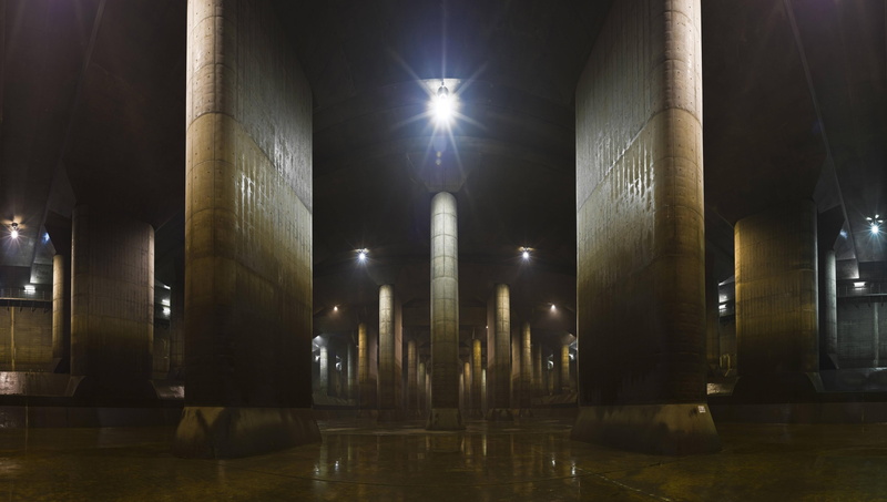 reflection, glass, glowing, cabinet, water, night, lighting equipment, waterfront, architectural column, no people, 4K, underground, indoors, low angle view