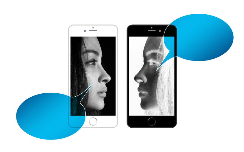 contact, young women, white background, faces, compared to, car communication, digital composite, screen, cut out, mirror image, computer icon, voice, blue