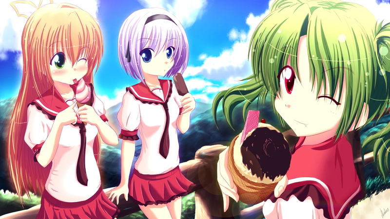 Nakatsugawa Ui, domestic animals, multi colored, anime, Hinata Ibuki, Hoshizora e Kakaru Hashi, festival, female likeness, focus on foreground, anime girls
