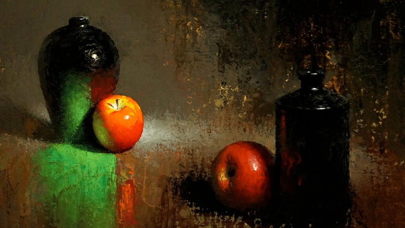 painting, oil painting, classic art, brown, artwork, 720P, apples, jars