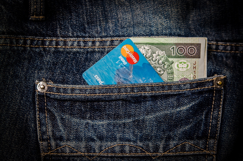 jeans, wealth, metal, clothing, banknote, bag, card, indoors, denim, text, dollars, paper currency, consumerism, bills, pocket, 4K, money, mastercard