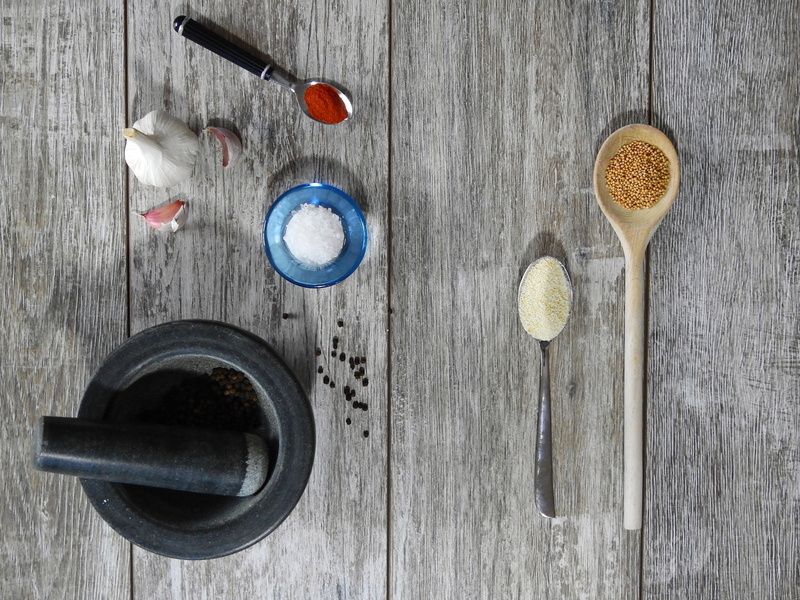 wooden spoon, crockery, paprika, high angle view, brown, bowl, pestle, indoors, wood - material, garlic, close-up, healthy eating, no people, still life