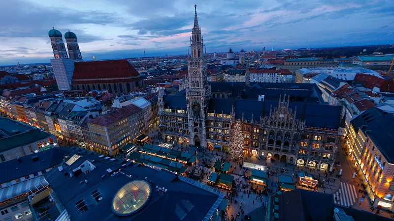 square, germany, outdoors, marienplatz, evening, office building exterior, street view, streetlight, cityscape, building, travel destinations, cloud - sky
