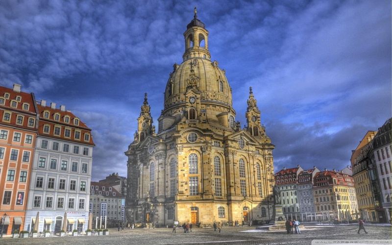 cathedral, dresde, animals, beige, town, building, town square, 1080P, germany, square