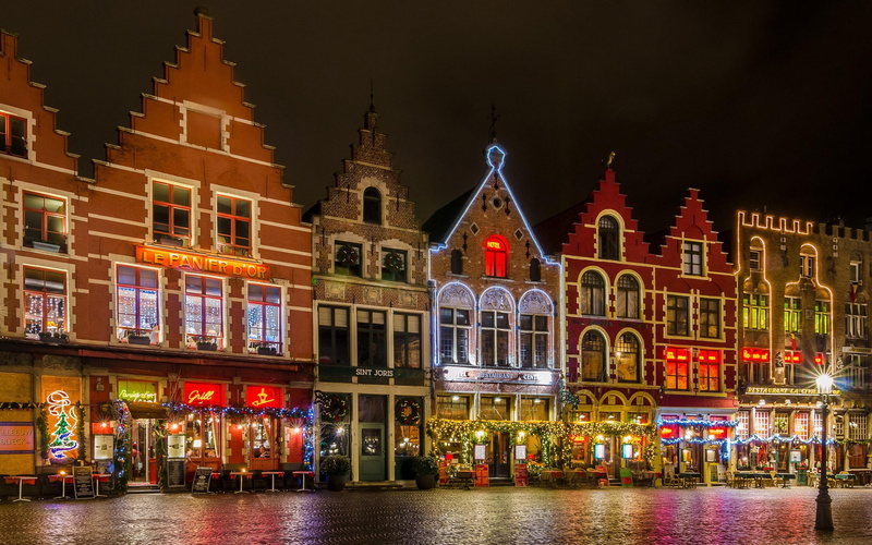 House, houses, concrete, Grote, 1080P, Lights, Belgium, Night, Christmas, city, Bruges, Square, Markt