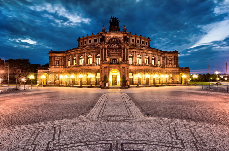 building, building exterior, illuminated, 1080P, lighting, travel destinations, sky, built structure, the city, nature, night, Dresden, Theatre square