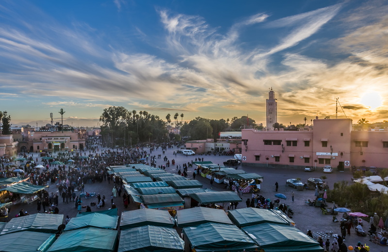 architecture, high angle view, crowd, religion, building exterior, traditional, incidental people, djemaa el fna, plant, morocco, tree, square, cityscape