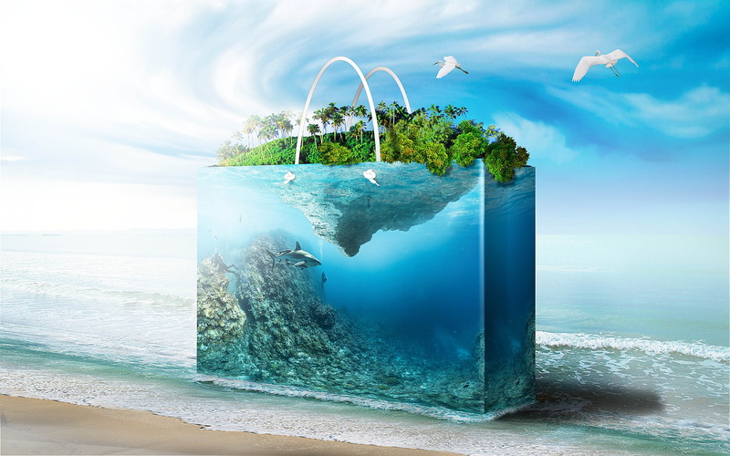 digital art, island, rocks, trees, aquarium, water, photo manipulation, 2K, shark, plants, sea, birds, bag