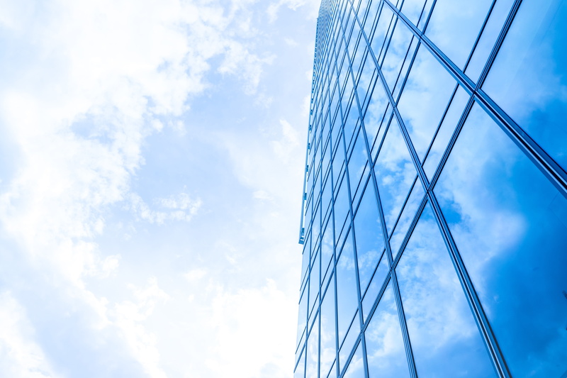 glass - material, city, 5K, sky, blue, windows, cloud - sky, nature, modern, skyscraper, outdoors, corporate, no people, building, building exterior, day