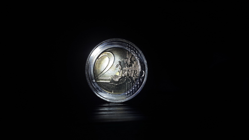 two, monetary donation, investment, business, donation, studio shot, wealth, reflection, single object, euro cents, finance, pay, euro, indoors, 4K, cut out