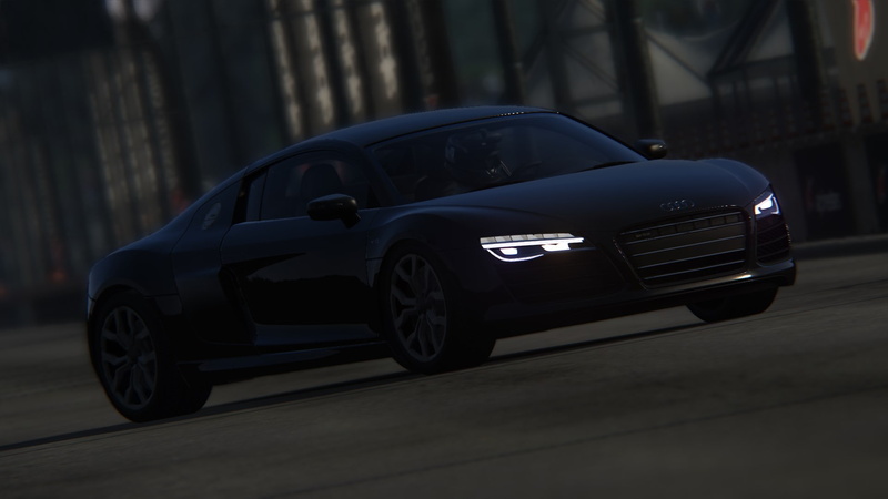 close-up, car, focus on foreground, stationary, wealth, night, city, Assetto Corsa, no people, vehicle, mode of transportation, toy, architecture, motor vehicle