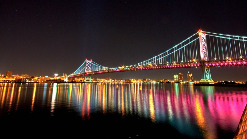connection, tourism, built structure, architecture, benjamin franklin bridge, illuminated, united states, night lights, delaware river, bridge, city, suspension bridge