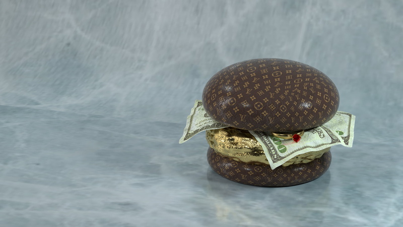 money, burger, Louis Vuitton, gems, Benjamin Franklin, render, 4K, minimalism, marble, Cinema 4D, gold chains, Octane