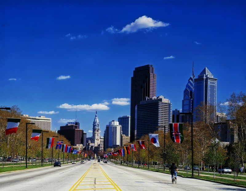 sky, urban, fall, day, cities, blue, tall - high, architecture, city, Benjamin Franklin Parkway, parkway, cityscape, built structure, franklin, street