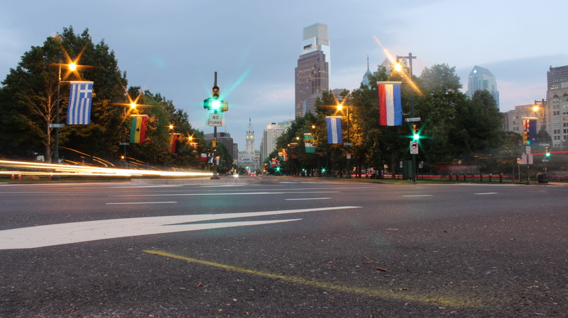 street light, built structure, road marking, 5K, sky, outdoors, long exposure, no people, marking, road, logan square, light, city, office building exterior