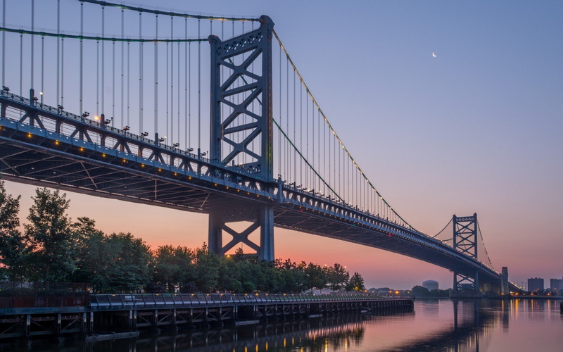 1080P, Benjamin Franklin Bridge, city, Cityscape, architecture, USA, Philadelphia, bridge, reflection