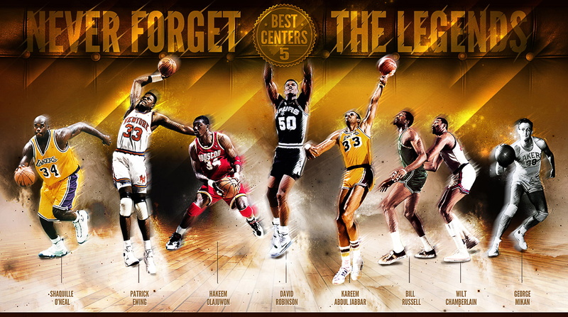 Sport, NBA, Hakeem Olajuwon, poster, Kareem Abdul Jabbar, centers, Bill Russell, best, Legends, George Mikan, Patrick Ewing, Basketball, Shaquille Oneal
