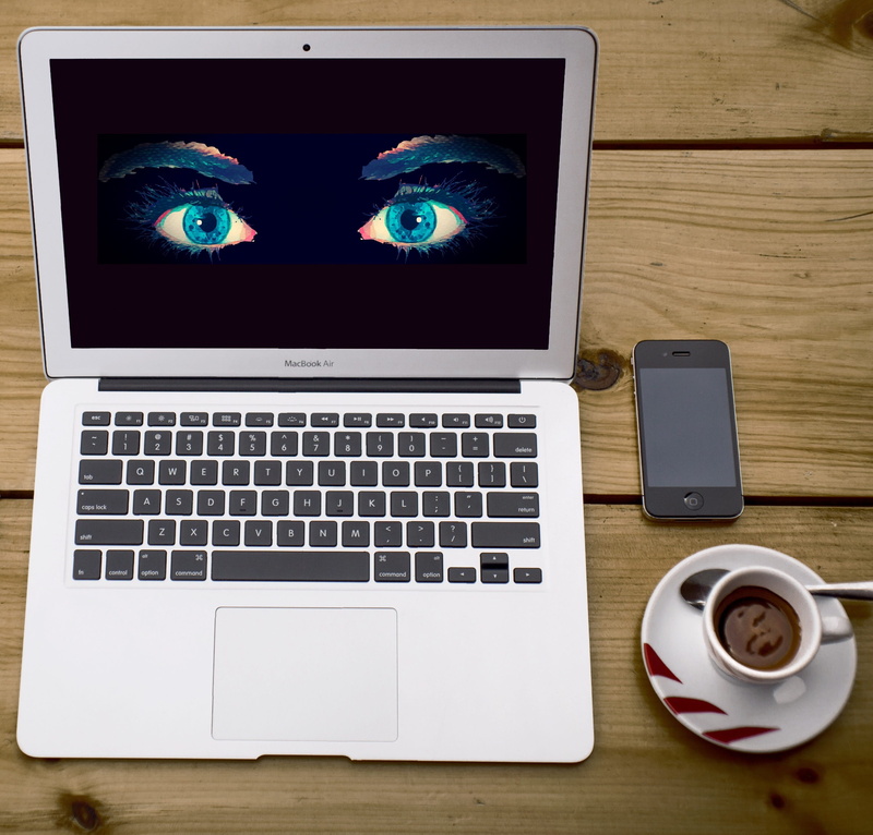 computer keyboard, secret, iphone, coffee cup, eye, video, cyber security, connection, portable information device, conceptual, computer, internet, security