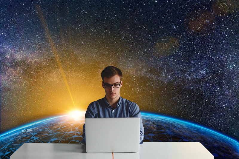 block chain, glowing, one person, astronomy, kaufmann, galaxy, sky, 4K, illuminated, digital composite, front view, young adult, technology, night, sitting
