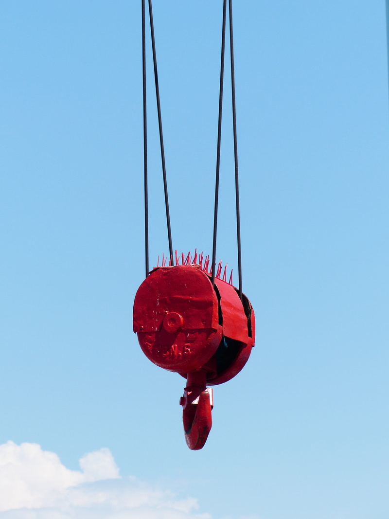 sunlight, power supply, cable, lighting equipment, low angle view, sky, close-up, load lifter, red, Hook, transportation, baukran, copy space, day, flying