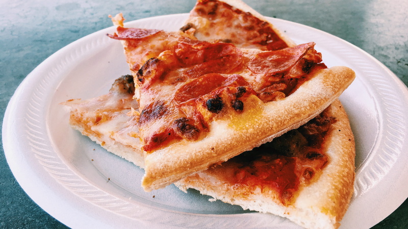indoors, no people, potted plant, fast food, diet, breakfast, italian food, pepperoni, serving size, plant, pizza, sweet food, greasy, table, no crust