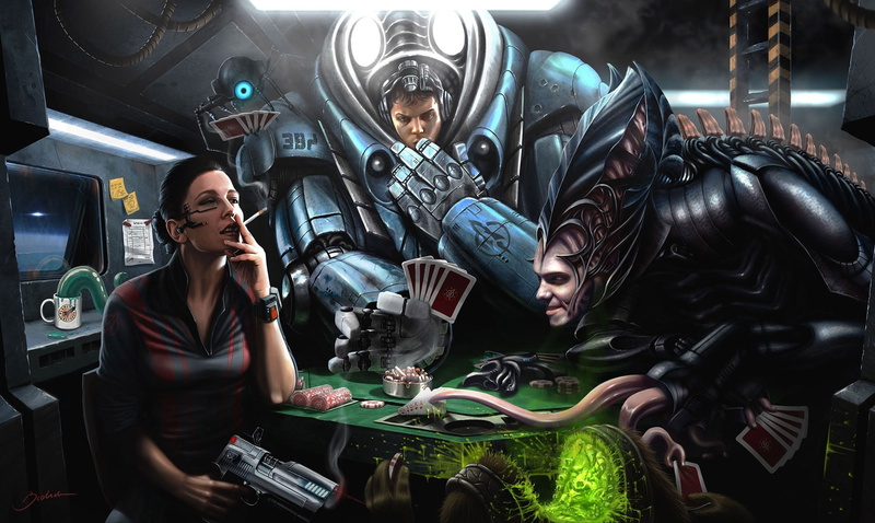 the suit, card, cheating, weapons, chips, monsters, the game, 1080P, art, ship, cigarette, robot