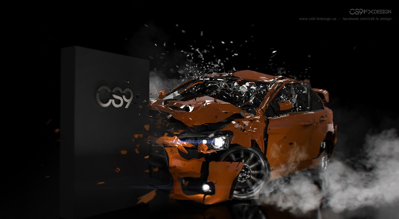 autodesk maya, indoors, motor vehicle, motion, close-up, 3d car, smoke - physical structure, 3D, car crash, mitsubishi, equipment, production line, black color