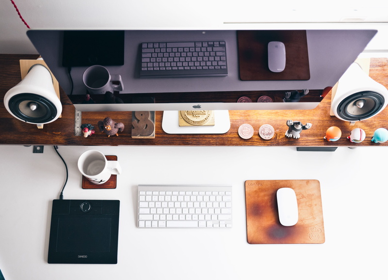 computer monitor, iMac, mouse, equipment, apple, no people, magic, technology, desktop pc, cup, high angle view, computer mouse, furniture, keyboard, desk