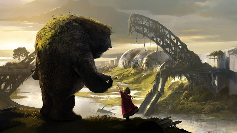 children, futuristic, apocalyptic, animal, fantasy art, flowers, built structure, representation, outdoors, golem, day, game, artwork, no people