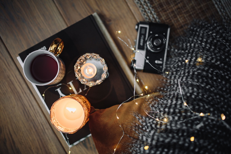 high angle view, close-up, tea, refreshment, tray, camera - photographic equipment, photography themes, drink, analog, food and drink, coffee, camera, fairy lights