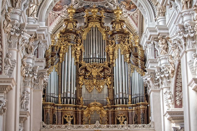 architecture, organ, religion, golden, st stephans cathedral, history, arts culture and entertainment, passau, passauer stephansdom, baroque, ornate, frescoes