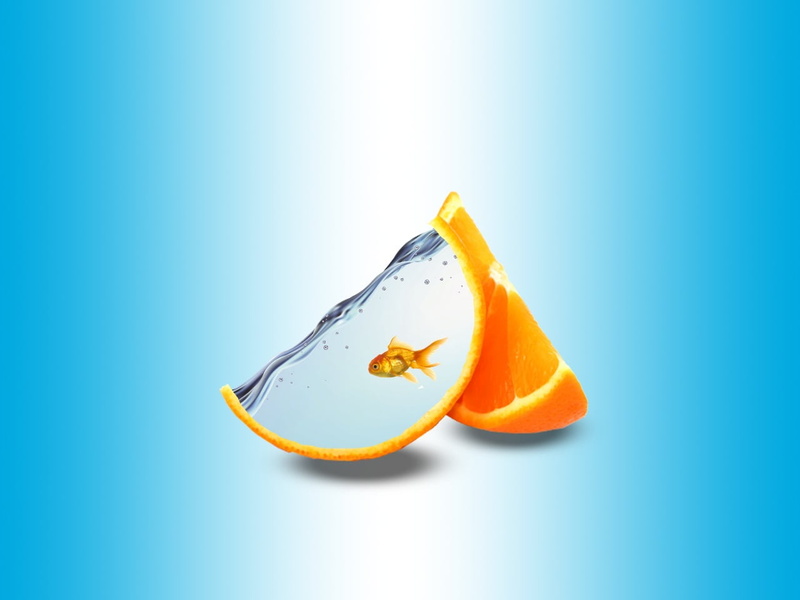 fish, abstract, blue, orange color, orange (fruit), slice, single object, artwork, digital art, 720P, citrus fruit, wellbeing, food, freshness, digital