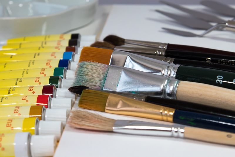high angle view, painter, choice, paintbrush, paint, art and craft, close-up, acrylic paints, brush, color, porcelain palette, atelier, no people, selective focus