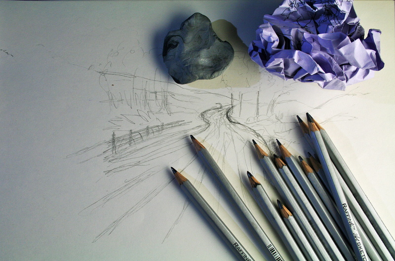 crumpled, drawing, still life, pen, pencils, sketch pad, paper, eraser, pencil, art, drawing - art product, sketch, art pencils, craft, indoors, no people