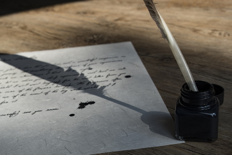 quill pen, pen, bird feather, feather, handwriting, bottle, high angle view, communicate, communication, antique, stationery, book, parchment, text, table